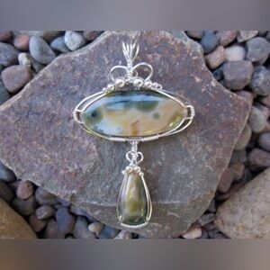 Vintage Ocean Jasper Double Stone Sterling Silver Wire Wrapped Pendant